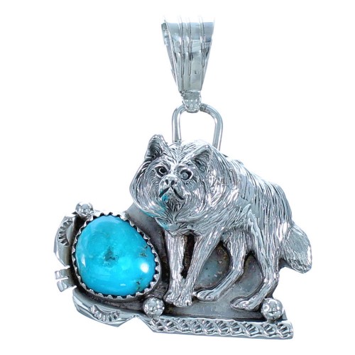 Turquoise Genuine Sterling Silver Navajo Wolf Pendant BX116928