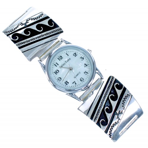 Sterling Silver Water Wave Overlay Navajo Watch ZX116720