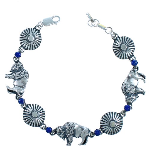 Sterling Silver Lapis Navajo Buffalo And Flower Link Bracelet RX117236