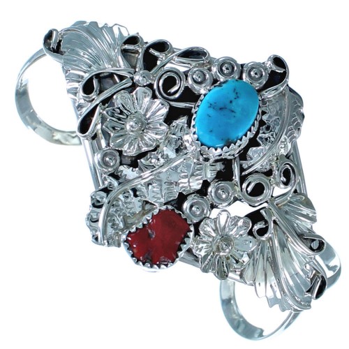 Sterling Silver Turquoise And Coral Navajo Cuff Bracelet ZX117024