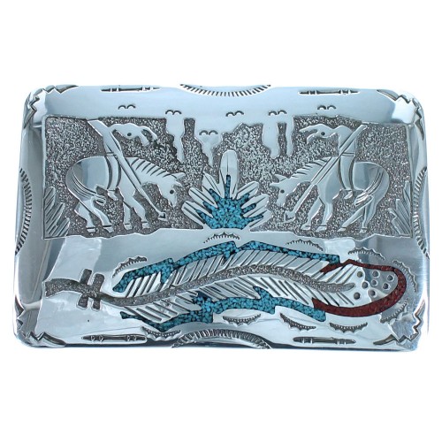 End Of The Trail Turquoise Coral Navajo Indian Sterling Silver Belt Buckle ZX107225