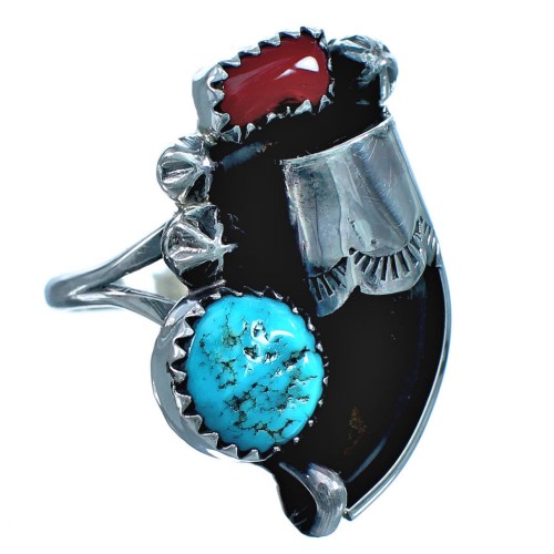 American Indian Turquoise Coral Sterling Silver Badger Claw Ring Size 7-1/4 RX117526