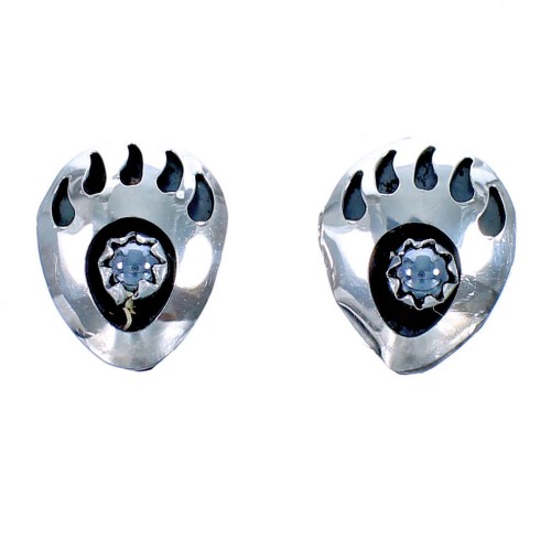 Authentic Sterling Silver Hematite Bear Paw Navajo Indian Post Earrings DX117301