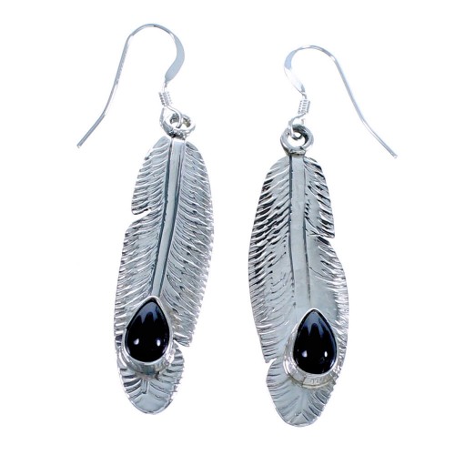 Navajo Sterling Silver Feather Onyx Hook Dangle Earrings DX117332