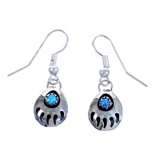 Native American Blue Opal Sterling Silver Bear Paw Hook Dangle Earrings DX117336