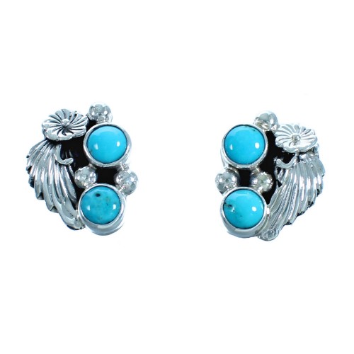 Navajo Sterling Silver Flower and Scalloped Leaf Turquoise Post Earrings DX117331