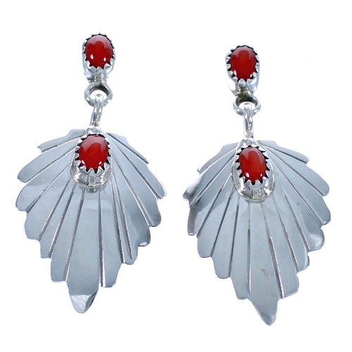 Navajo Sterling Silver Coral Feather Post Dangle Earrings DX117439