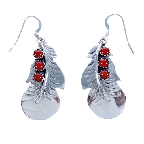 Sterling Silver Navajo Coral Feather Hook Dangle Earrings DX117480