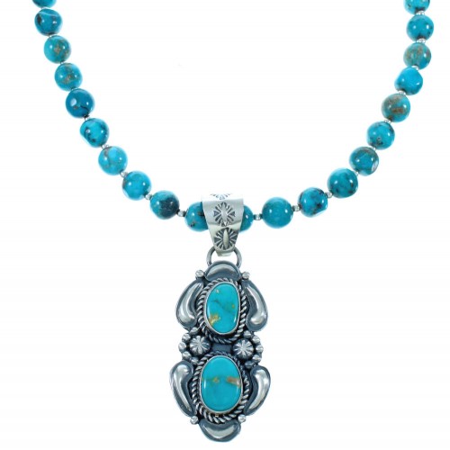 Native American Turquoise Sterling Silver Bead Necklace And Pendant Set DX117555