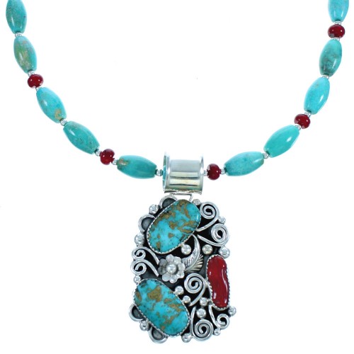 Turquoise And Coral Sterling Silver Bead Navajo Necklace And Pendant Set DX117585