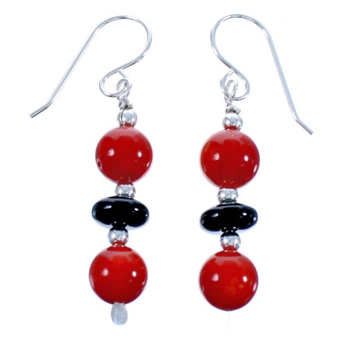 Sterling Silver Onyx And Coral Bead Hook Dangle Earrings DX117354