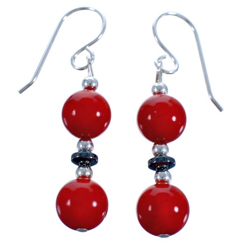 Sterling Silver Coral and Hematite Bead Hook Dangle Earrings DX117356