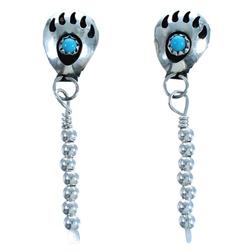 Authentic Sterling Silver Turquosie Bear Paw Navajo Post Dangle Earrings DX117379