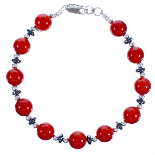 Coral And Hematite Sterling Silver Bead Bracelet DX117383