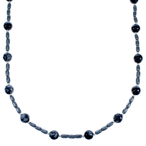 Genuine Southwest Hematite and Snowflake Obsidian Sterling Silver Bead Necklace CS117890