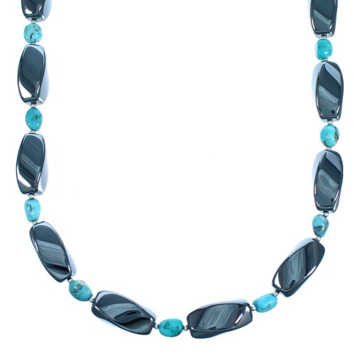 Genuine Sterling Silver Turquoise Hematite Southwestern Bead Necklace CS117850