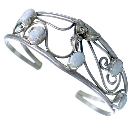 American Indian Sterling Silver Opal Flower Leaf Cuff Bracelet RX117421