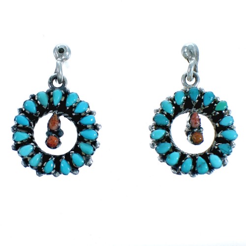 Sterling Silver Turquoise And Coral Southwest Needlepoint Post Dangle Earrings DX117745