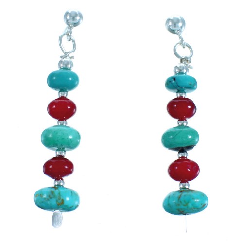 Southwest Sterling Silver Coral And Turquoise Bead Post Dangle Earrings DX117773