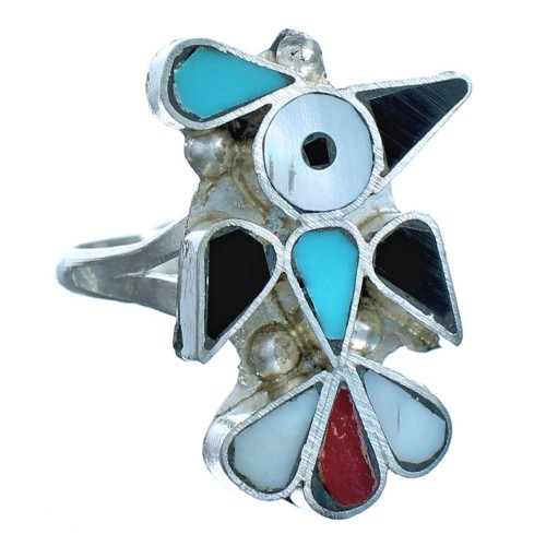 Thunderbird Authentic Sterling Silver Multicolor Zuni Jewelry Ring Size 7 RX117595