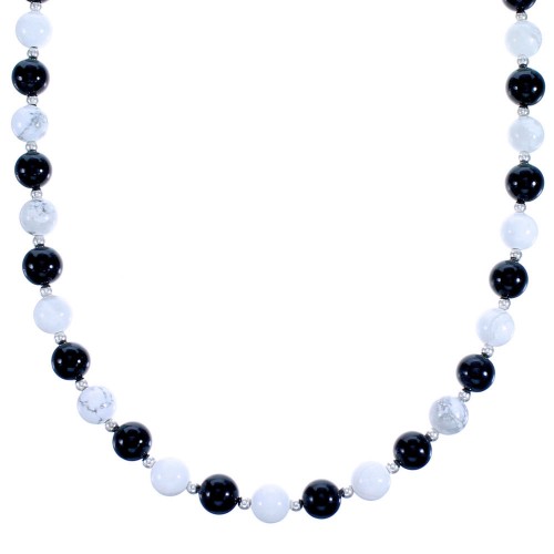 Southwest Howlite and Onyx Sterling Silver Bead Necklace DX117795