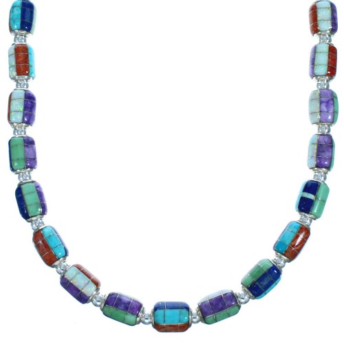 Southwest Multicolor Sterling Silver Inlay Bead Necklace DX117803