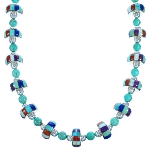 Southwest Sterling Silver Multicolor Inlay Bead Necklace DX117827