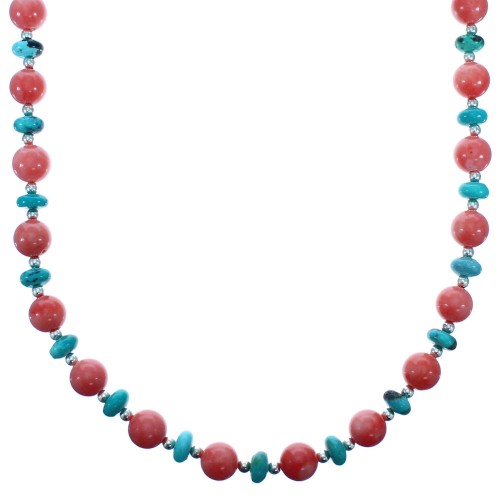 Southwest Turquoise and Pink Coral Sterling Silver Bead Necklace DX117798