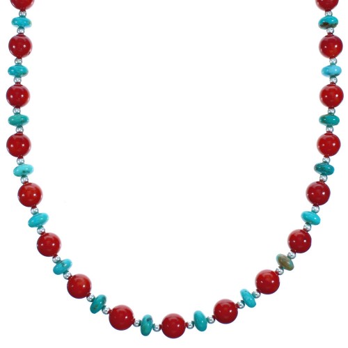 Southwest Turquoise and Coral Sterling Silver Bead Necklace DX117799