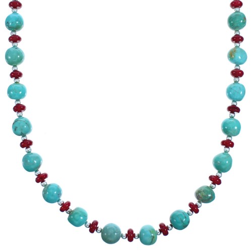 Turquoise and Coral Sterling Silver Southwest Bead Necklace DX117801