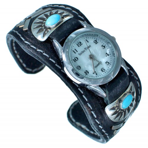 Genuine Navajo Turquoise Sterling Silver Leather Cuff Watch CS117968