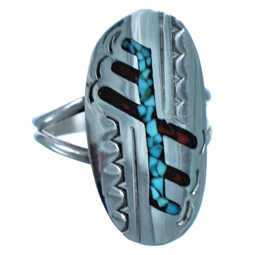 Sterling Silver Turquoise Coral American Indian Inlay Ring Size 7-1/4 BX118322