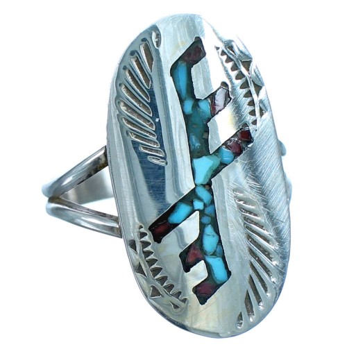 Authentic Sterling Silver Turquoise Coral Inlay Navajo Ring Size 7-3/4 BX118327