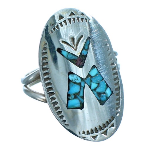 Turquoise Coral Inlay Sterling Silver American Indian Ring Size 5-3/4 BX118334