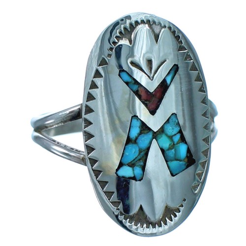Turquoise Coral Inlay Authentic Sterling Silver Navajo Ring Size 8-1/4 BX118535