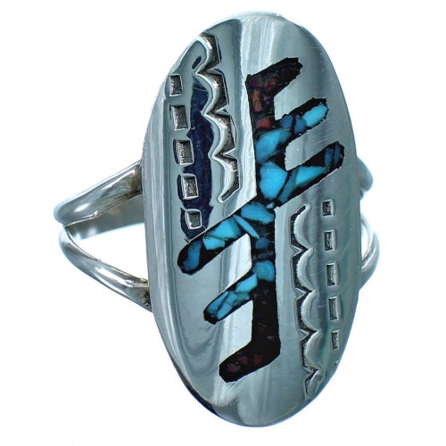 Native American Turquoise Coral Inlay Sterling Silver Ring Size 7-3/4 BX118341