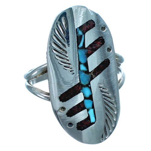 Navajo Turquoise Coral Inlay Sterling Silver Ring Size 6-1/2 BX118344