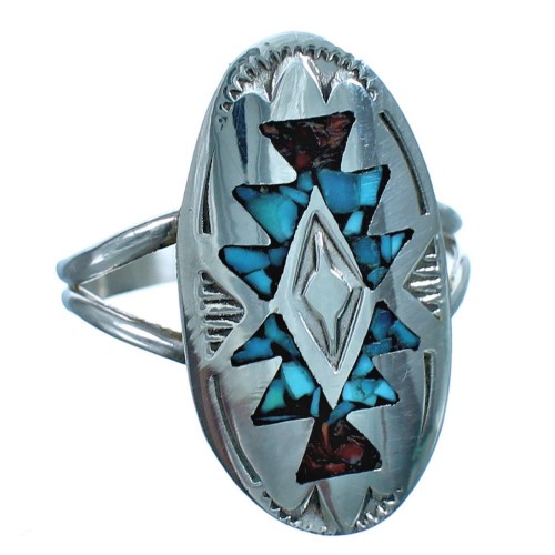 Native American Sterling Silver Coral Turquoise Inlay Ring Size 8-3/4 BX118363