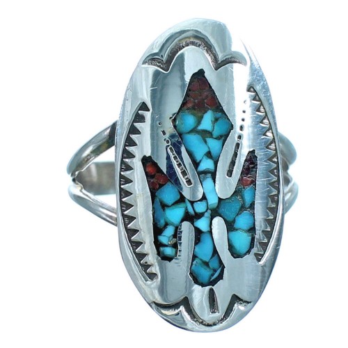 Sterling Silver Navajo Coral Turquoise Inlay Ring Size 6-1/2 BX118367