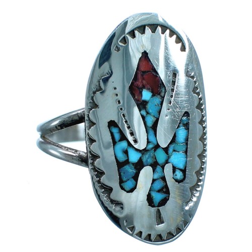 Sterling Silver Native American Coral Turquoise Inlay Ring Size 5-3/4 BX118368