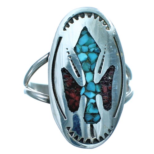 Sterling Silver American Indian Coral Turquoise Inlay Ring Size 8-3/4 BX118370