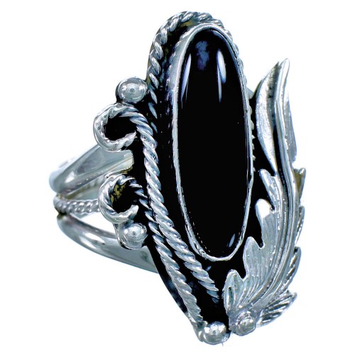 Onyx Sterling Silver Scalloped Leaf Native American Ring Size 6 BX118428