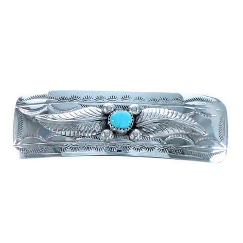 Navajo Sterling Silver Turquoise Leaf Hair Barrette BX118454