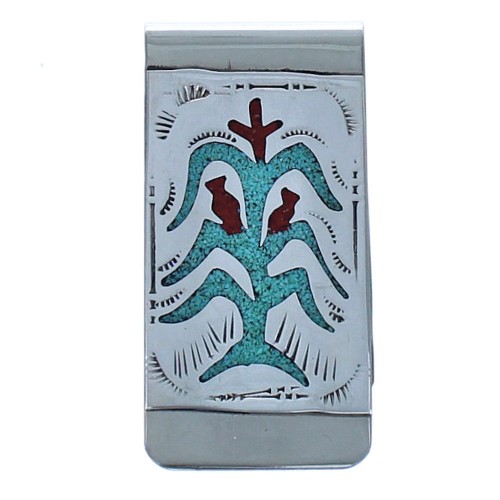 Corn Stalk Sterling Silver Turquoise And Coral Inlay Native American Money Clip BX118612