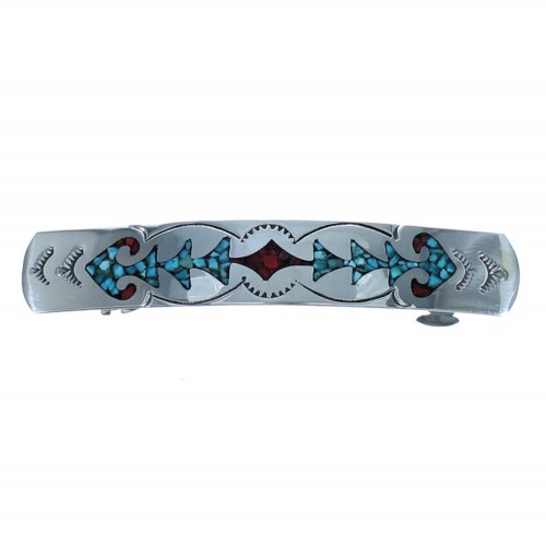 Navajo Sterling Silver Turquoise And Coral Inlay Hair Barrette BX118635