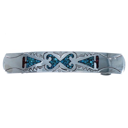 Sterling Silver Native American Turquoise And Coral Inlay Hair Barrette BX118646