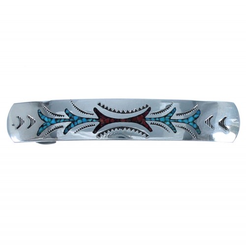 Sterling Silver Turquoise And Coral Native American Inlay Hair Barrette BX118655