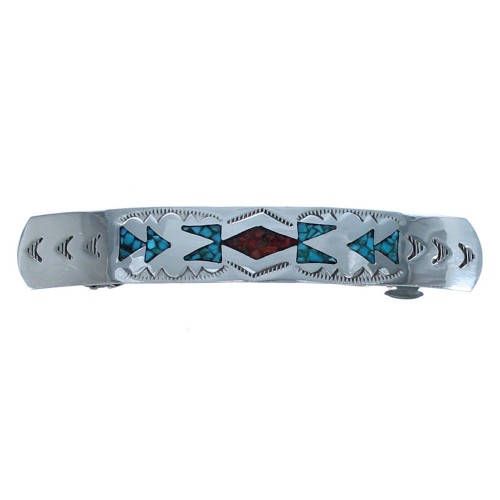 Authentic Sterling Silver Native American Turquoise And Coral Inlay Hair Barrette BX118661