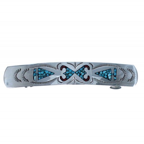 Authentic Sterling Silver American Indian Turquoise And Coral Inlay Hair Barrette BX118662