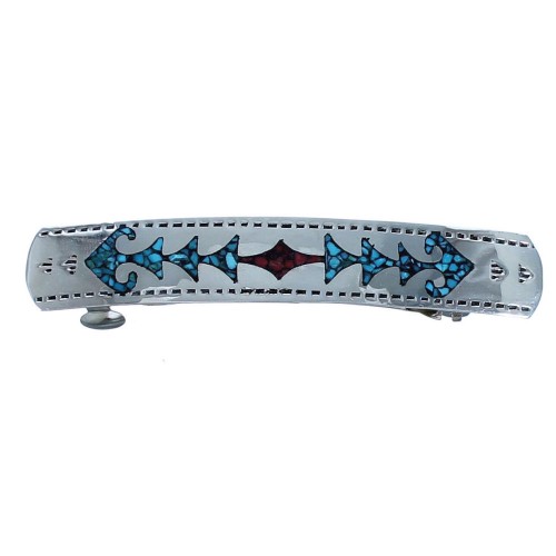 Authentic Sterling Silver Turquoise And Coral Inlay Navajo Hair Barrette BX118666